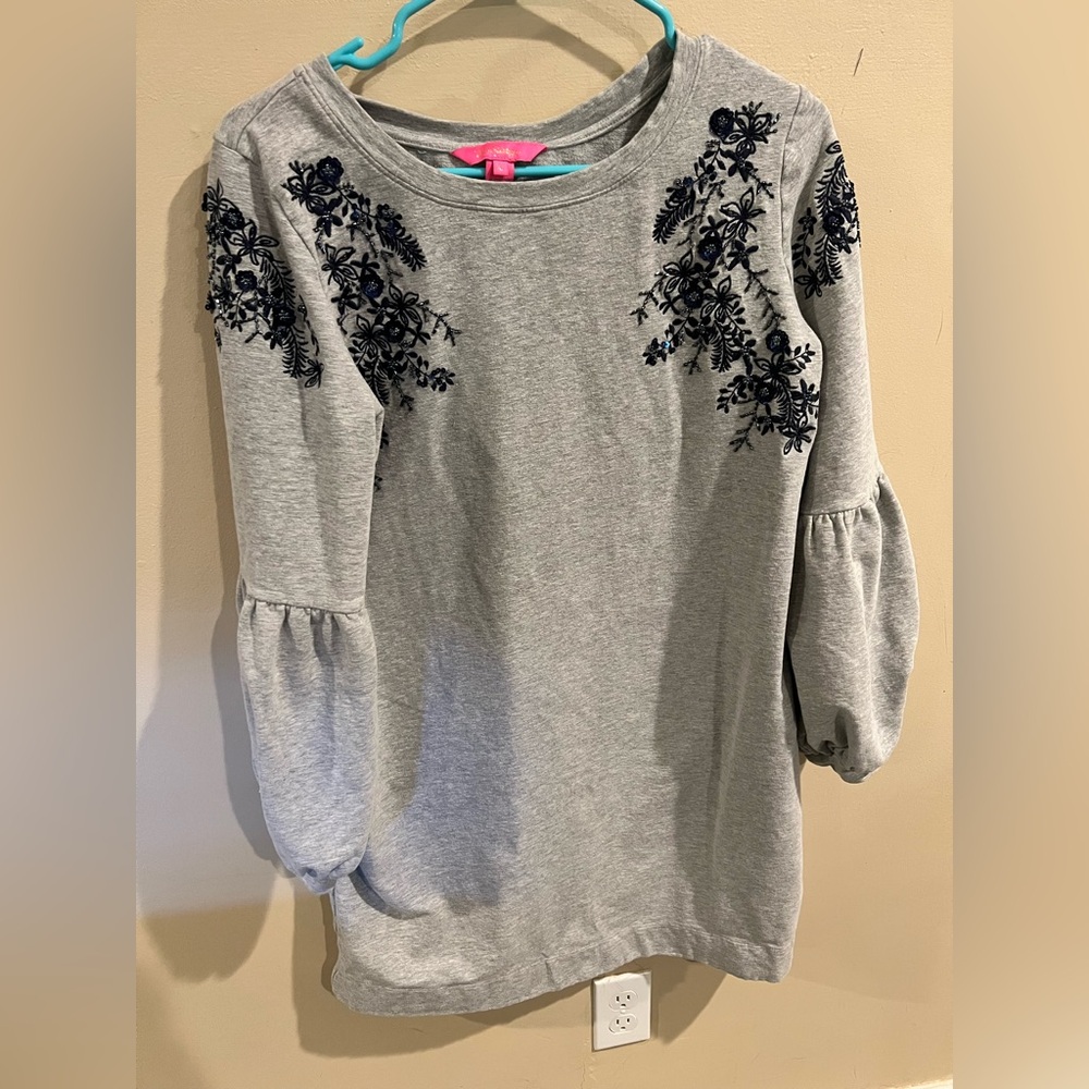 Lilly Pulitzer Bartlett Gray Sweatshirt Dress With Embellished Shoulders Size L
